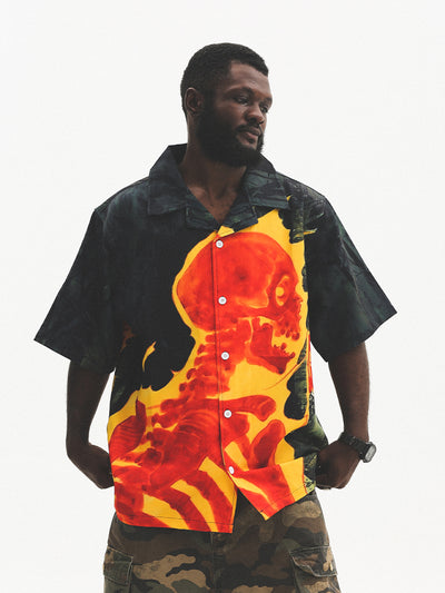 UNTILWERICH Cuban Collar Flaming Skull Short Sleeve Shirt | Face 3 Face