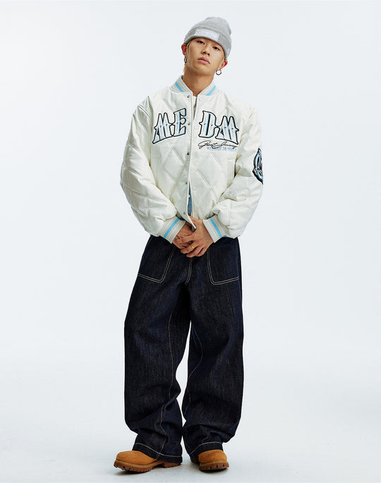 MEDM Diamond Quilted PU Leather Varsity Jacket | Face 3 Face