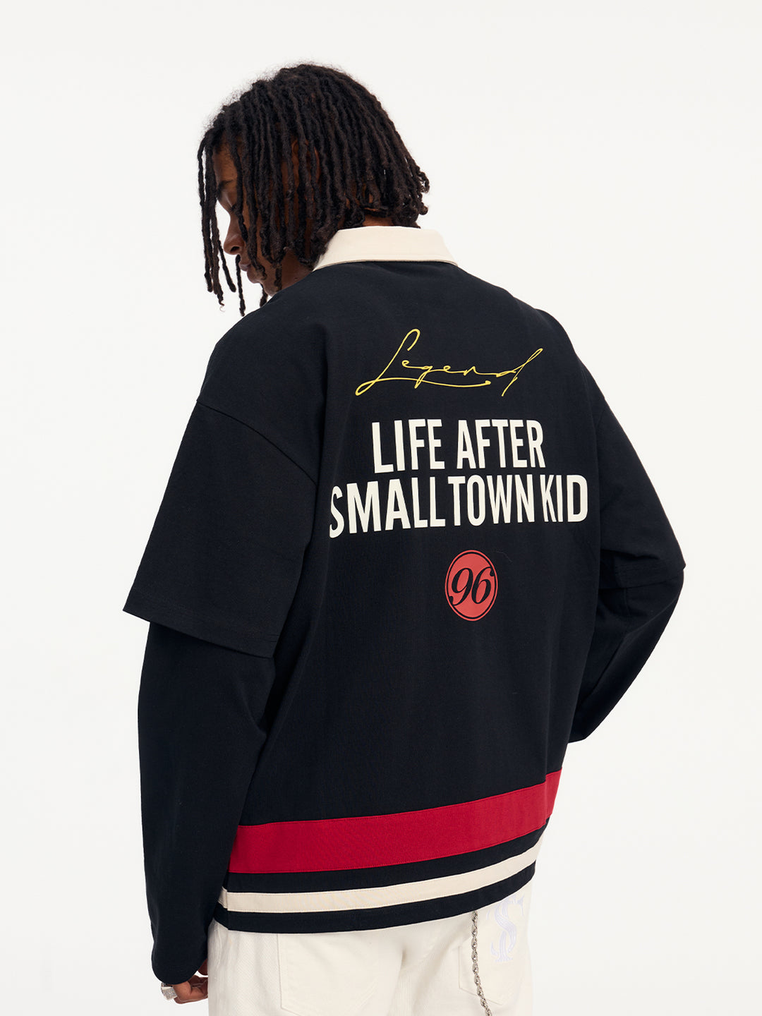 Small Town Kid 3D Embroidered Badge Fake Two-Piece Long-Sleeve Polo | Face 3 Face