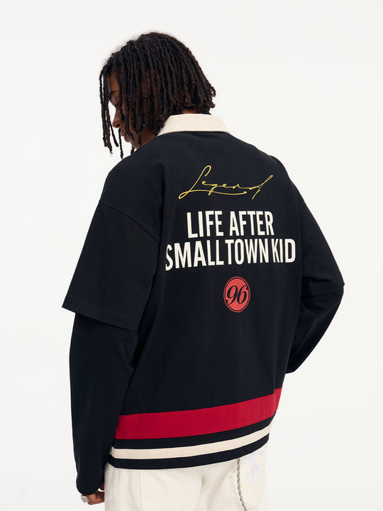 Small Town Kid 3D Embroidered Badge Fake Two-Piece Long-Sleeve Polo | Face 3 Face