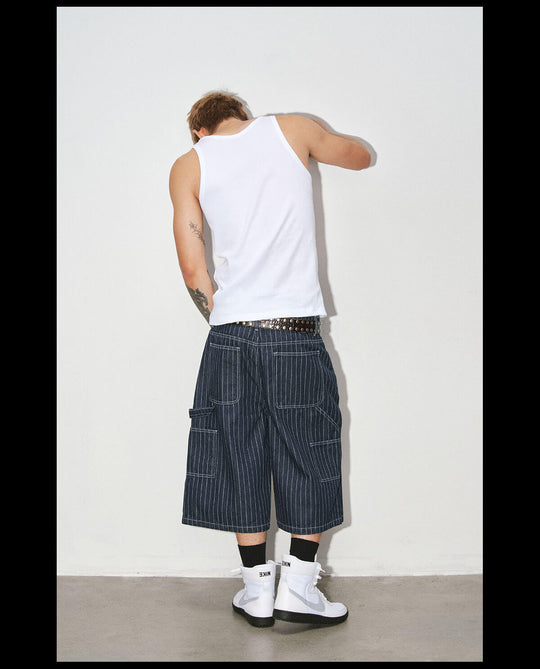 NOVACAM Circle Star Print Pinstripe Baggy Denim Shorts | Face 3 Face