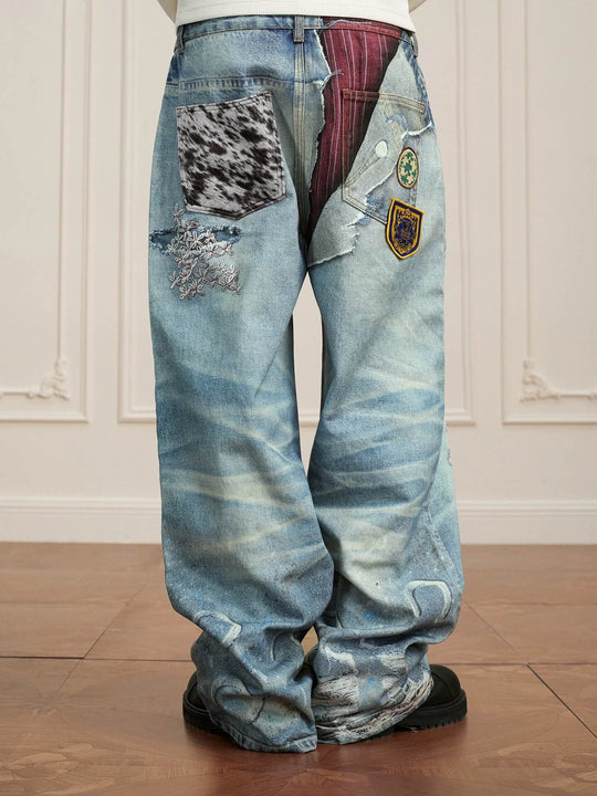 YADcrew 3D Digital Print Patch Embroidered Jeans | Face 3 Face