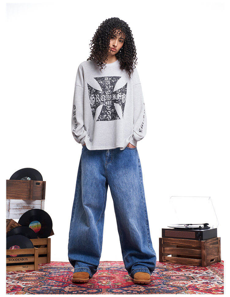 F3F Select Vintage Cross Print Waffle Long Sleeve Tee | Face 3 Face