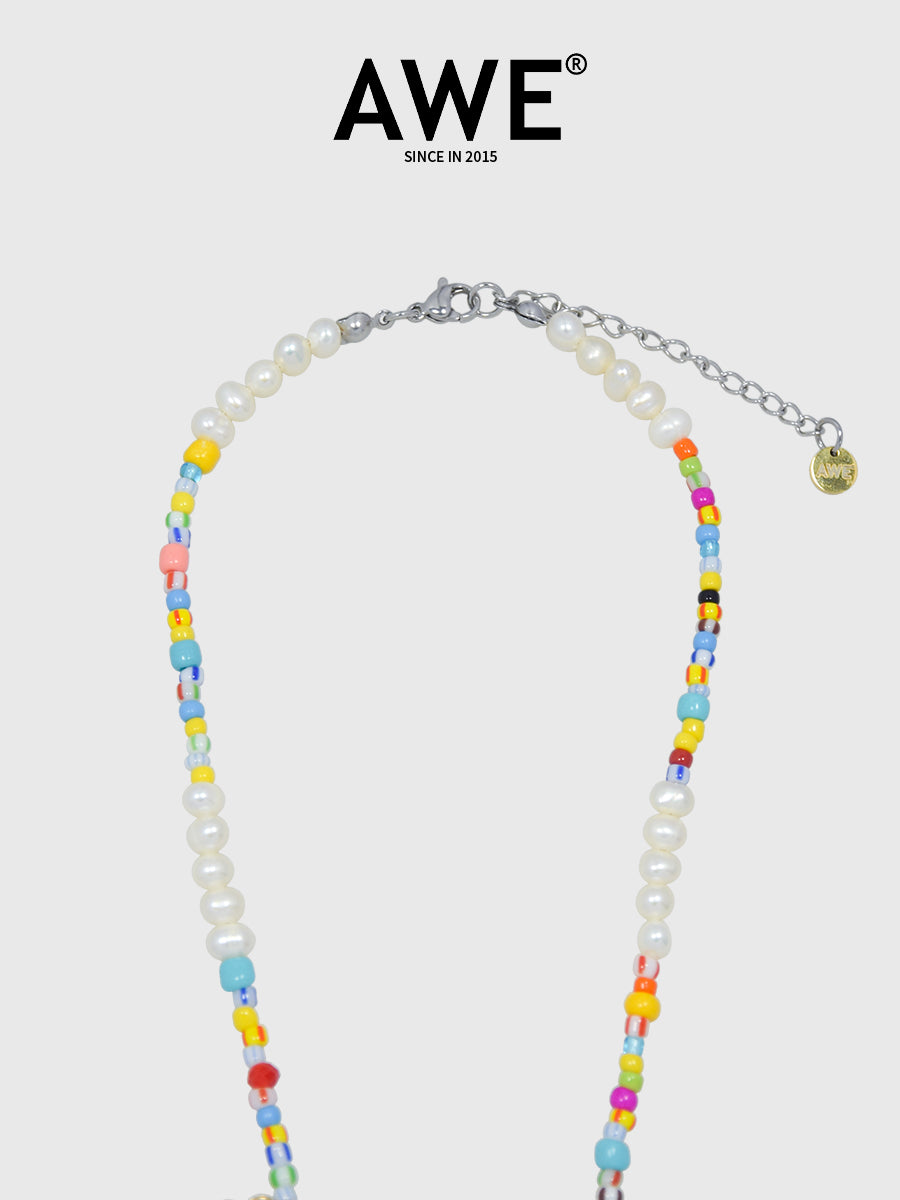 AWE AE Word Charm Color Beaded Pearl Necklace | Face 3 Face