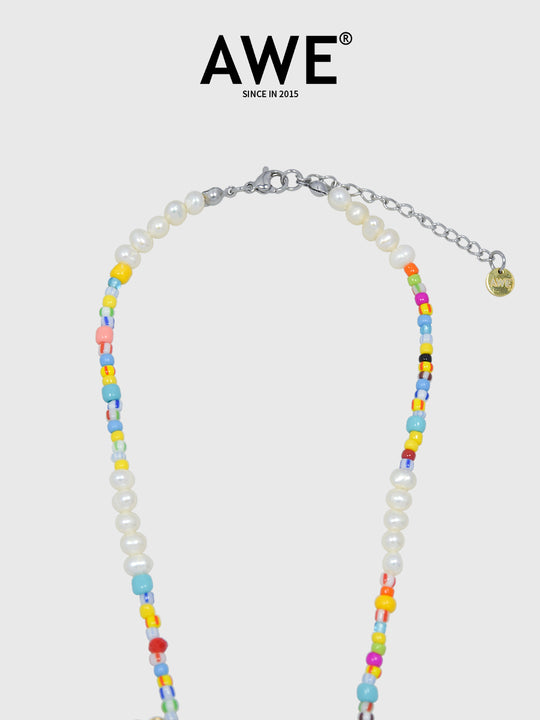 AWE AE Word Charm Color Beaded Pearl Necklace | Face 3 Face