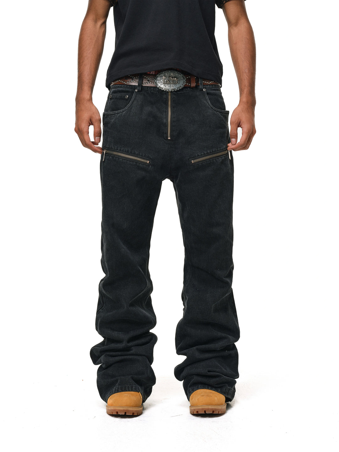 ANTIDOTE Studded Punk Zipper Flared Jeans | Face 3 Face