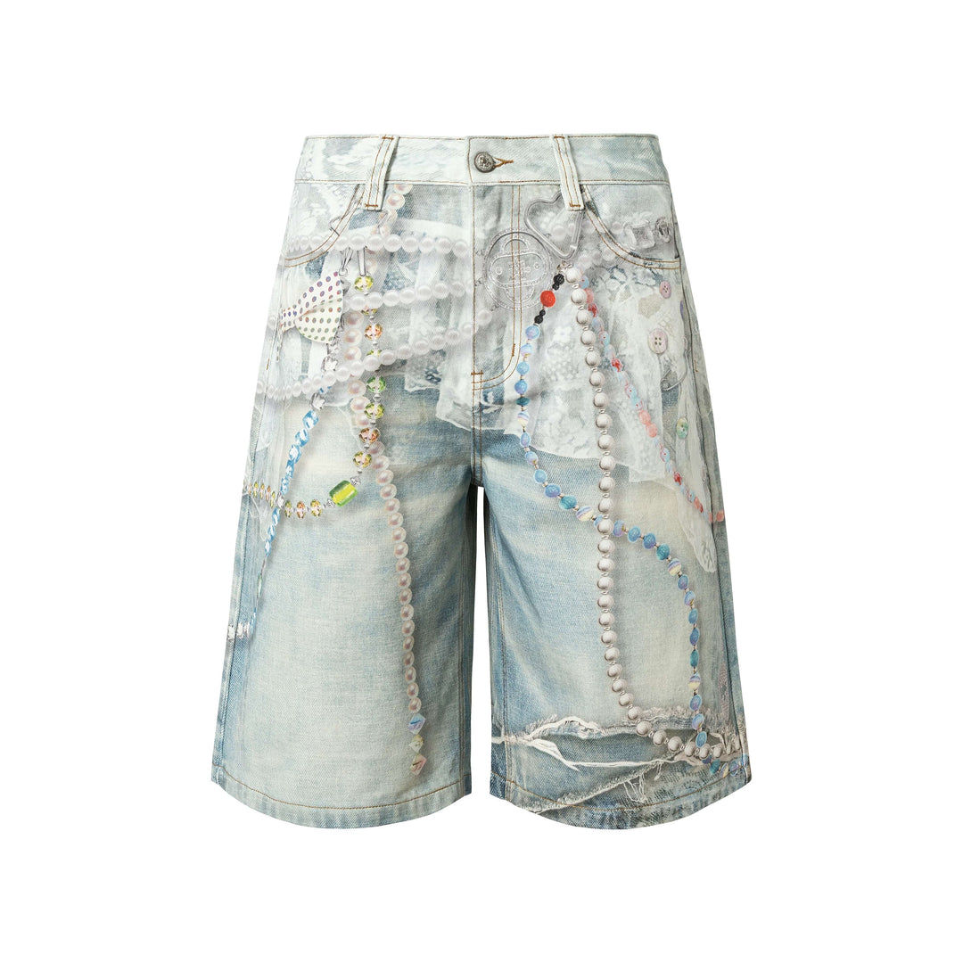YADcrew Denim Pearl Bead Chain Digital Print Shorts | Face 3 Face