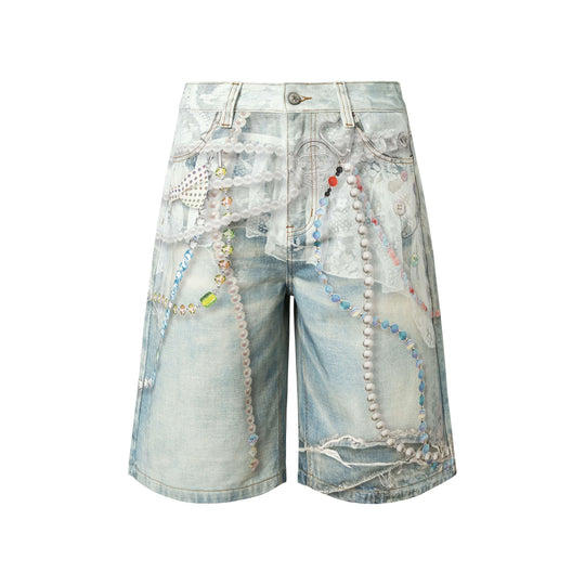 YADcrew Denim Pearl Bead Chain Digital Print Shorts | Face 3 Face