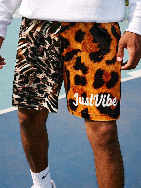 JUST VIBE Asymmetric Leopard Mesh Basketball Shorts | Face 3 Face