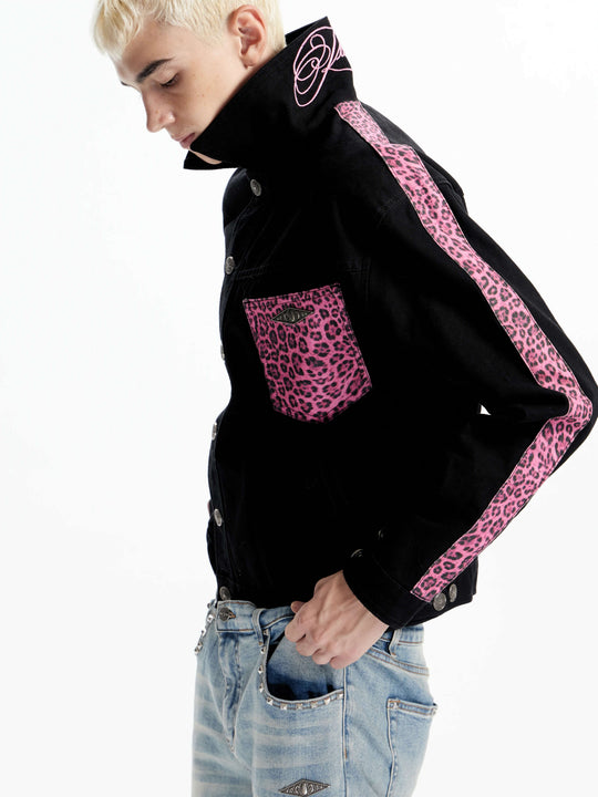 KARMANISTIC Pink Leopard Print Patchwork Denim Jacket | Face 3 Face