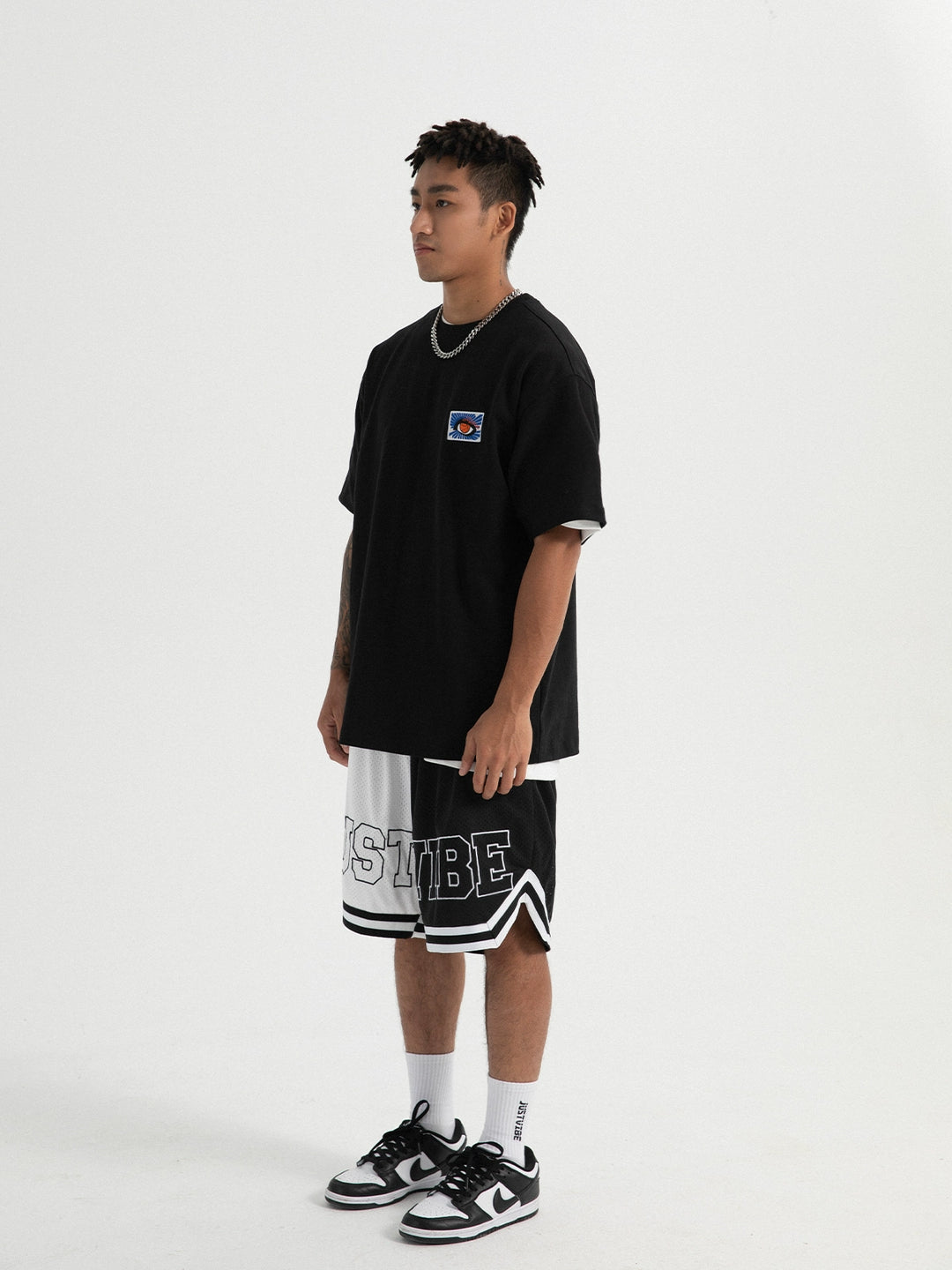 JUST VIBE Black White Asymmetric Mesh Basketball Shorts | Face 3 Face