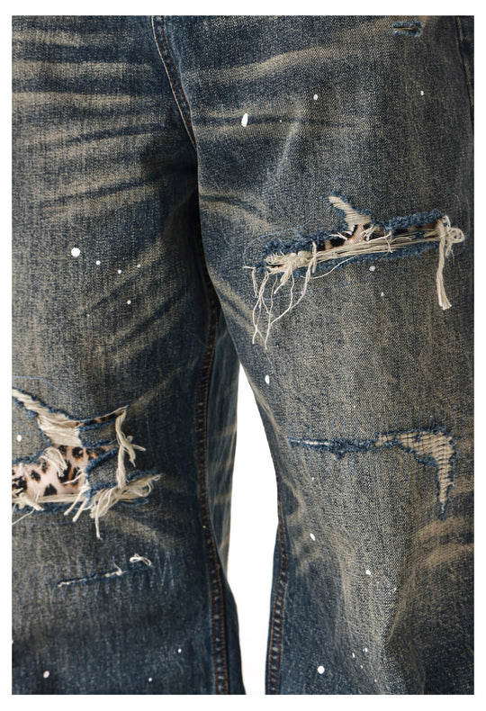 ANTIDOTE Distressed Leopard Patchwork Washed Jeans | Face 3 Face