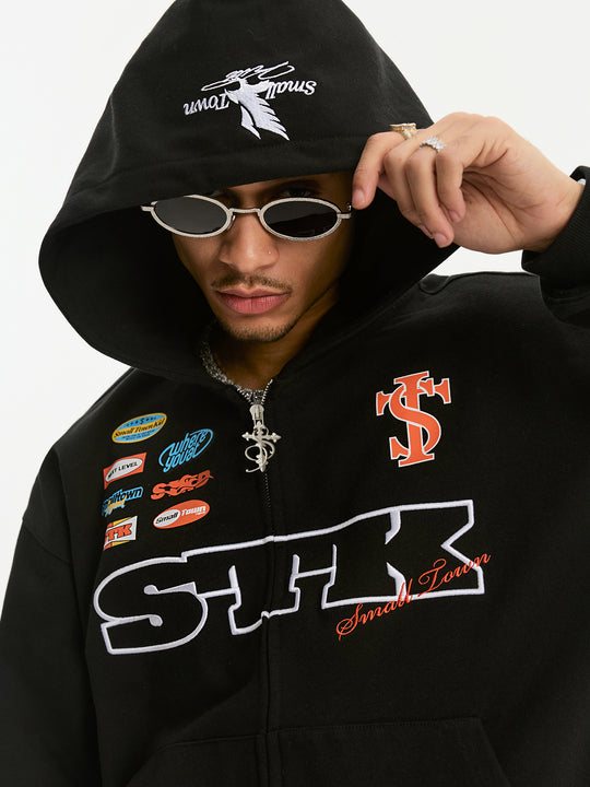 Small Town Kid Racing Badge Printed and Embroidered Zip-Up Hoodie | Face 3 Face