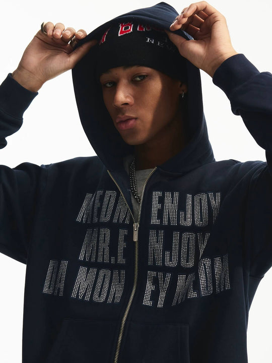 MEDM Rhinestone Embellished Zip Up Hoodie | Face 3 Face