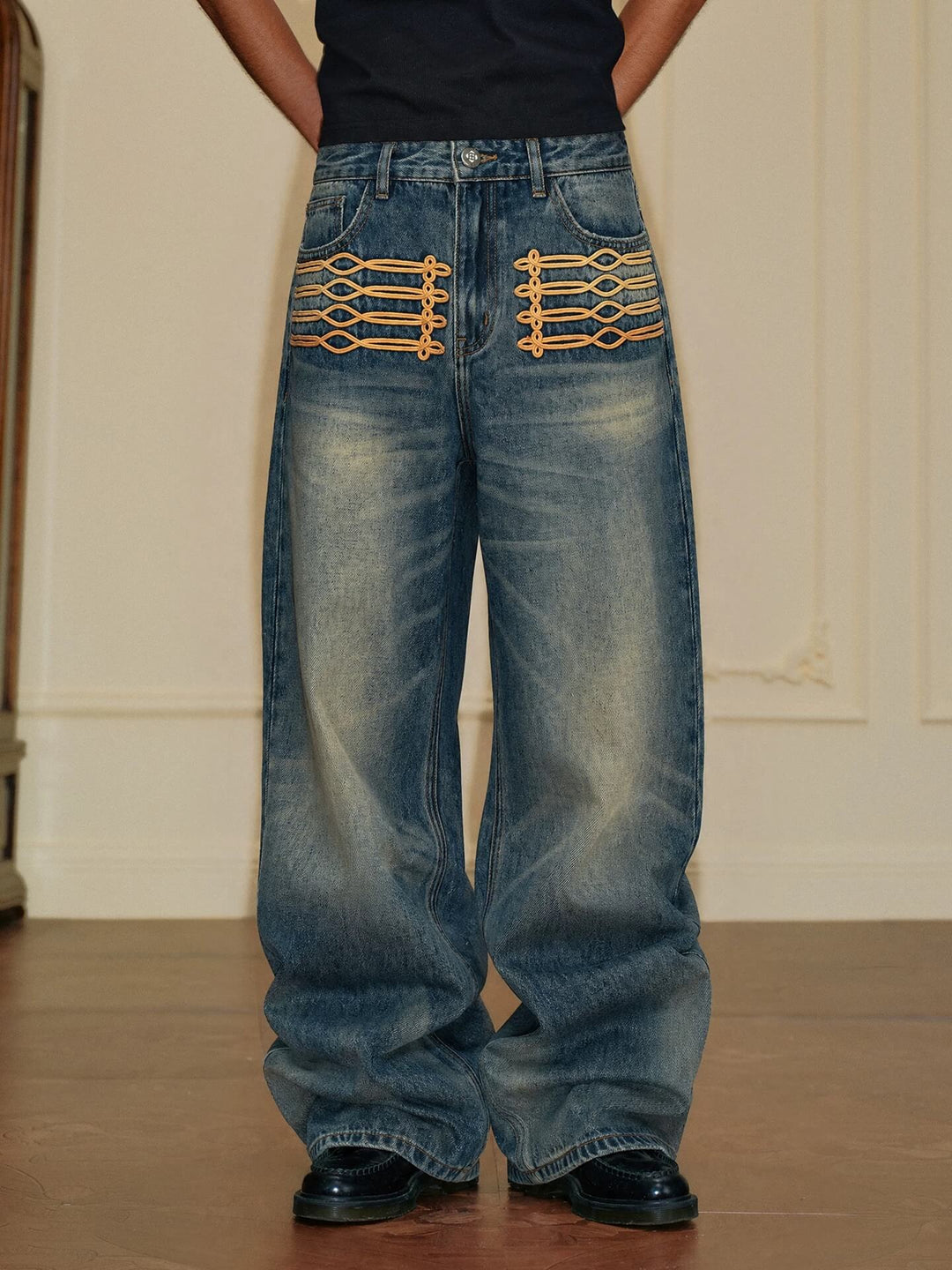 YADcrew Braid Embroidered Washed Loose Fit Jeans | Face 3 Face