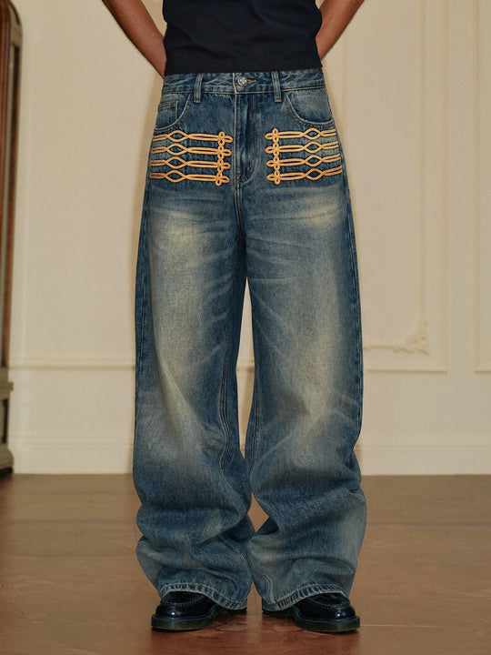 YADcrew Braid Embroidered Washed Loose Fit Jeans | Face 3 Face