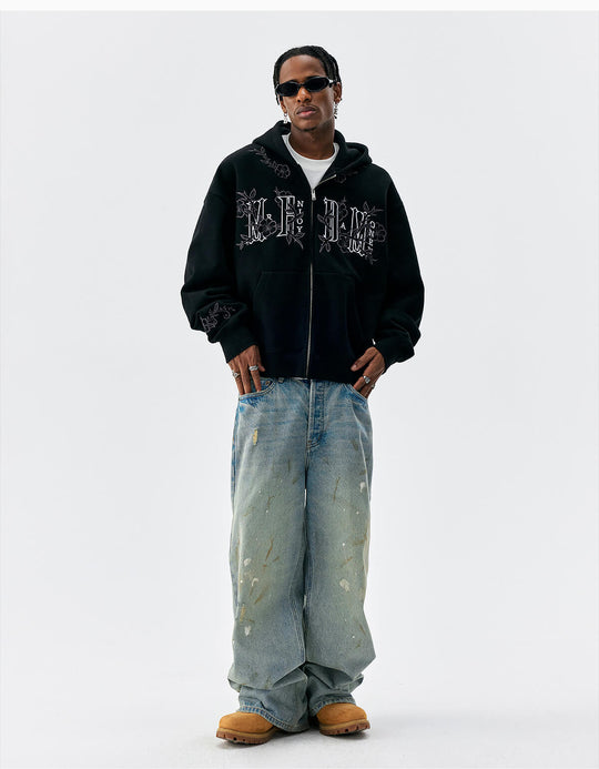 MEDM Flower Embroidered Zip Up Hoodie | Face 3 Face