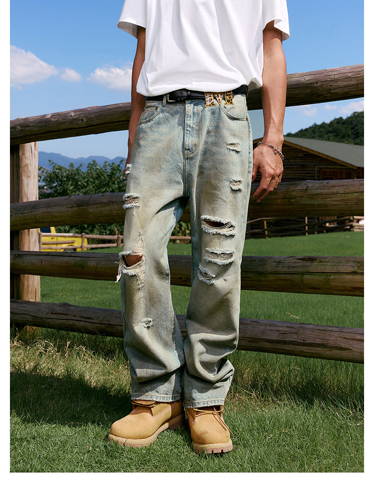 MEDM Leather Patchwork Washed Ripped Jeans | Face 3 Face