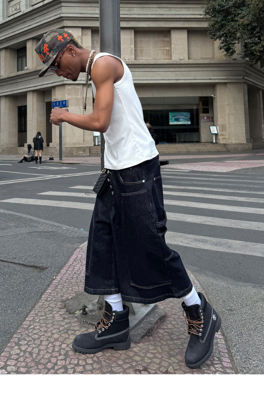 STEEPC Snap Button Double Knee Cropped Denim Baggy Shorts | Face 3 Face