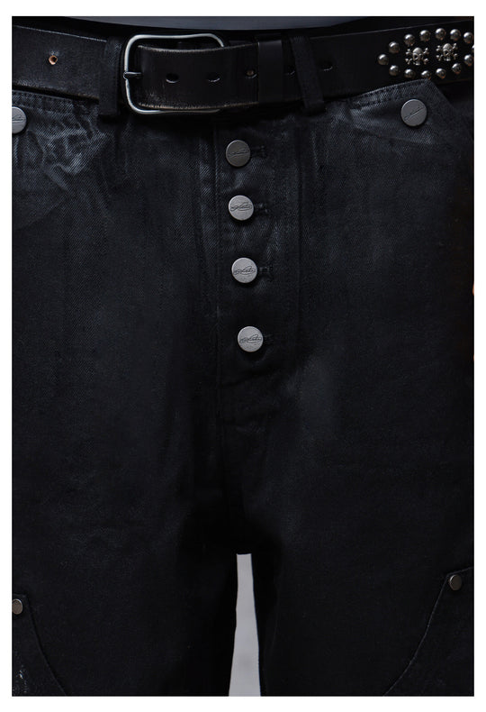 ANTIDOTE Brushed Waxed Studded Double Knee Cutoff Baggy Shorts | Face 3 Face