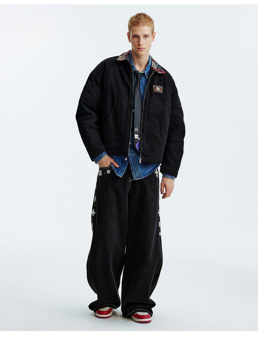 MEDM Ethnic Collar Patch Pocket Quilted Lined Work Jacket | Face 3 Face