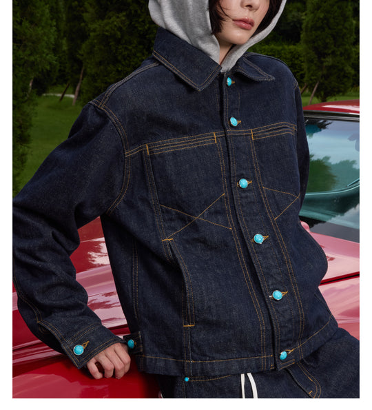 S45 Turquoise Button Denim Jacket | Face 3 Face