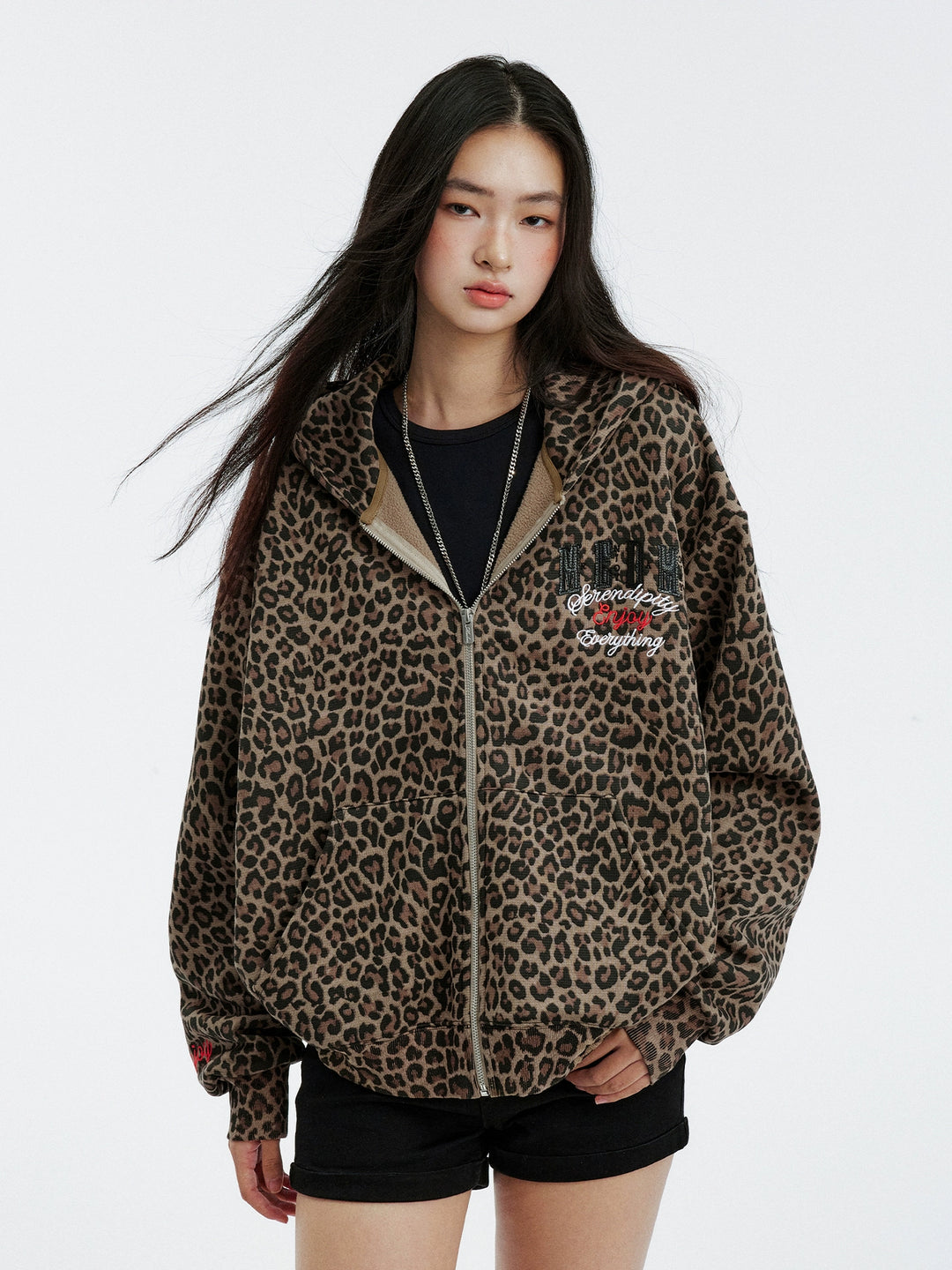 MEDM Embroidered Leopard Zip Up Hooded Jacket | Face 3 Face