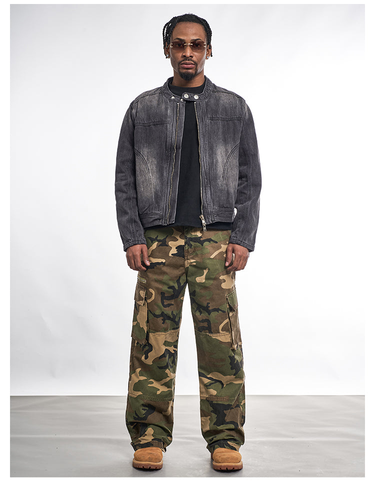 F3F Select Double Rivet Button Washed Denim Motorcycle Jacket | Face 3 Face