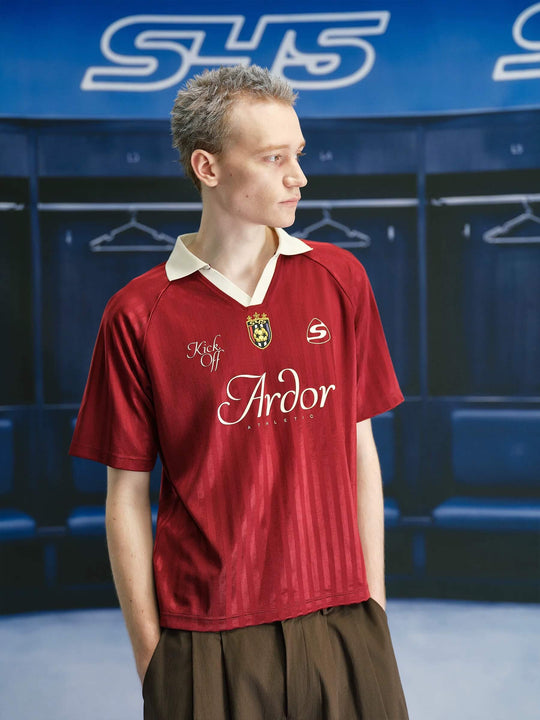 S45 Logo Patch Striped Short Sleeve Polo Soccer Jersey | Face 3 Face