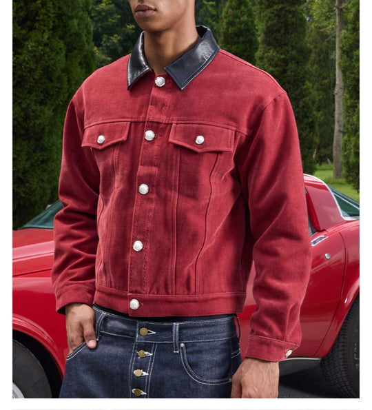 S45 Flocking Denim Pearl Button Leather Lapel Short Jacket | Face 3 Face