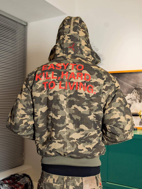 TGFCLUB Washed Camo Studded Faux Fur Hooded Jacket | Face 3 Face