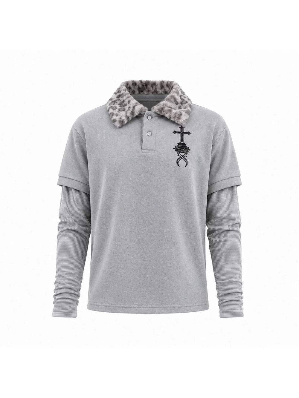KARMANISTIC Leopard Faux Fur Collar Long Sleeve Polo | Face 3 Face