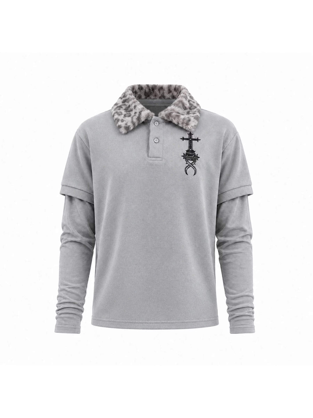 KARMANISTIC Leopard Faux Fur Collar Long Sleeve Polo | Face 3 Face