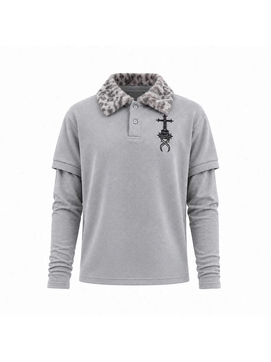 KARMANISTIC Leopard Faux Fur Collar Long Sleeve Polo | Face 3 Face