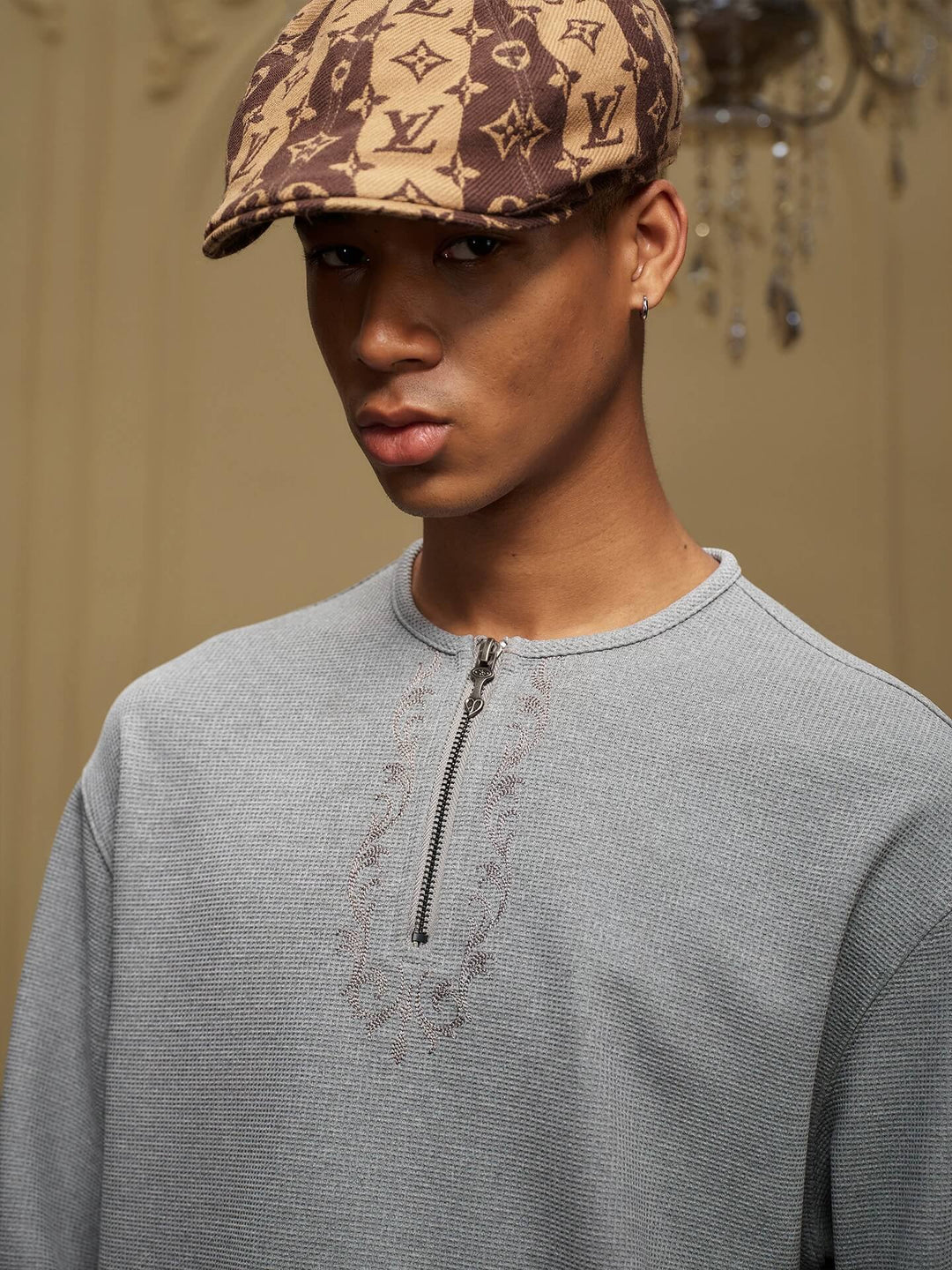 YADcrew Baroque Embroidered Half Zip Waffle Thermal Long Sleeve Tee | Face 3 Face