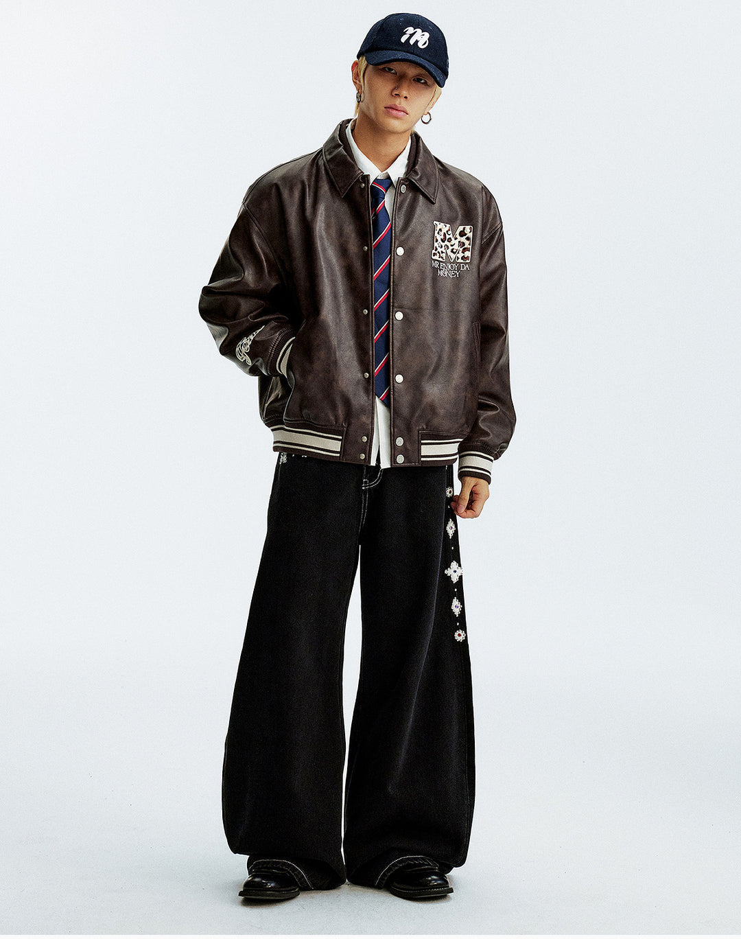 MEDM Leopard Patch Pearl PU Leather Varsity Jacket | Face 3 Face