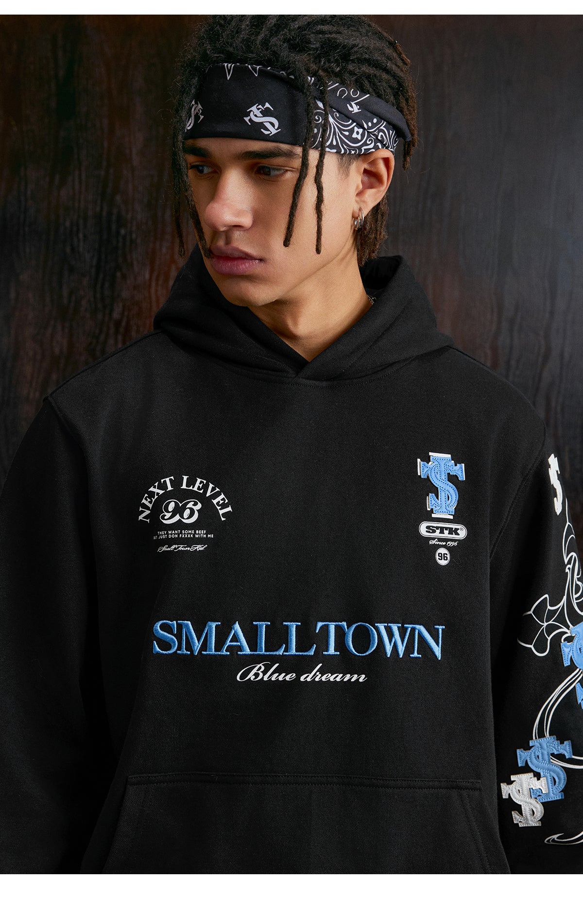 Small Town Kid Cross Print Patch Logo Leather Hoodie | Face 3 Face