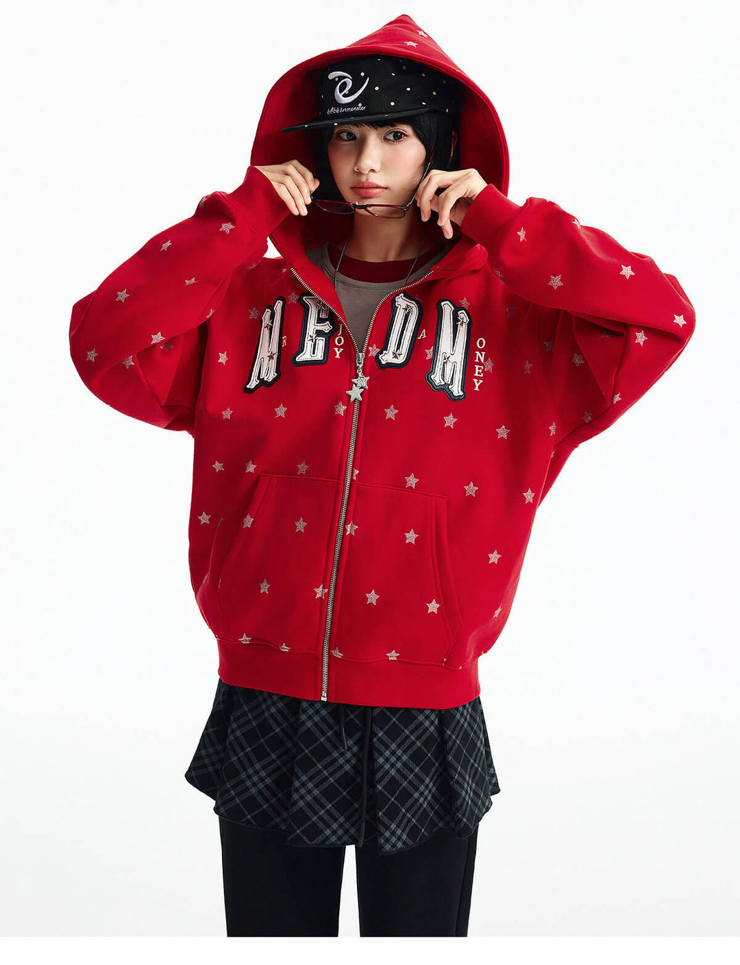 MEDM All Over Glitter Star Print Logo Patch Zip Up Hoodie | Face 3 Face
