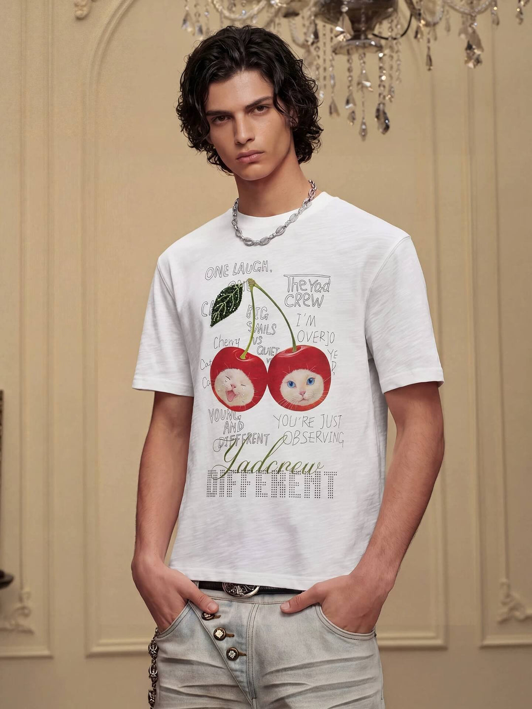 YADcrew Cherry Cat Print Bead and Rhinestone Tee | Face 3 Face