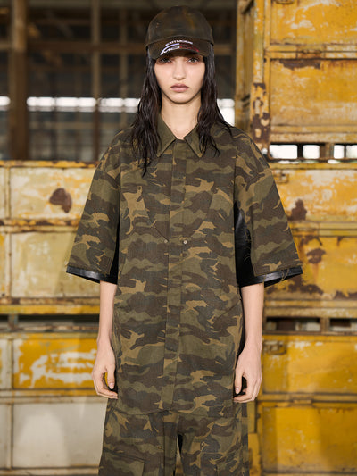 BLIND NO PLAN Camouflage Raw Edge Patchwork Leather Shirt | Face 3 Face