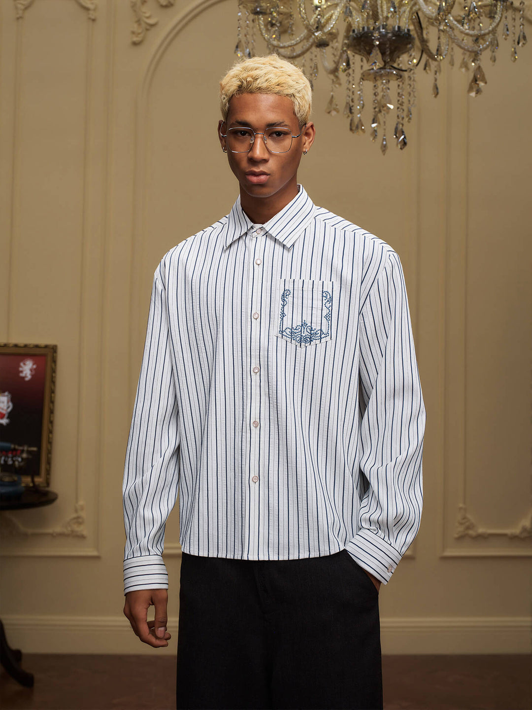 YADcrew Baroque Embroidered Striped Long Sleeve Shirt | Face 3 Face