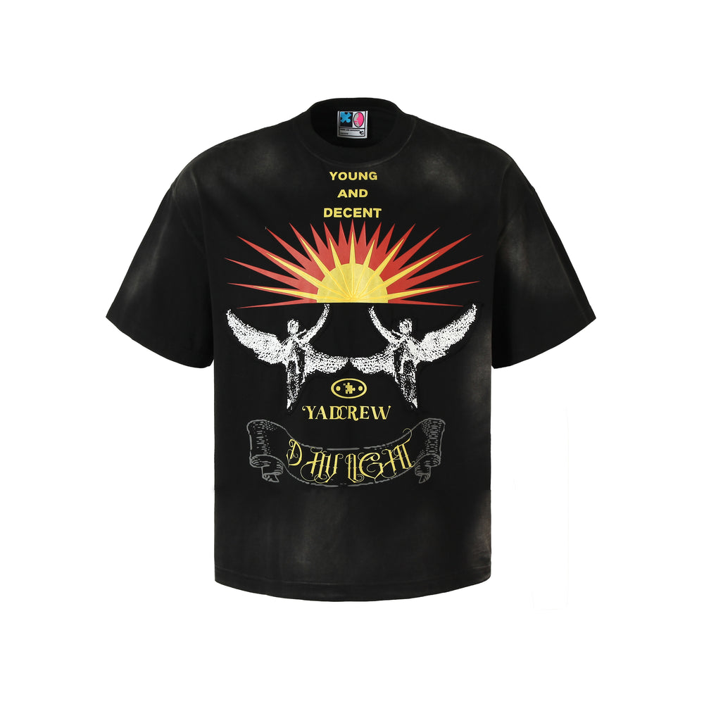 YADcrew R-STAR Sunrise Washed Applique Embroidered Angel Tee