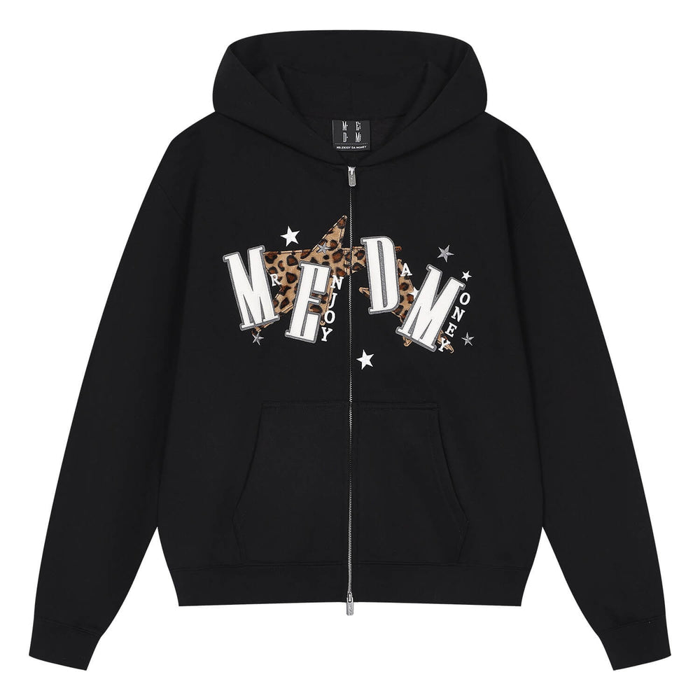 MEDM Leopard Print Star Patch Logo Embroidered Zip Up Hoodie