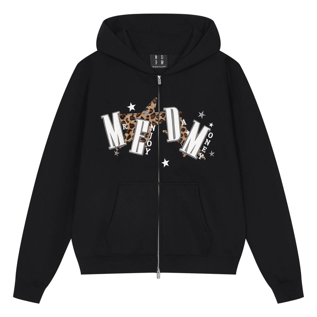 MEDM Leopard Print Star Patch Logo Embroidered Zip Up Hoodie | Face 3 Face