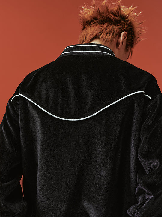 YADcrew Black Velvet Pearl-Embroidered Bomber Jacket | Face 3 Face