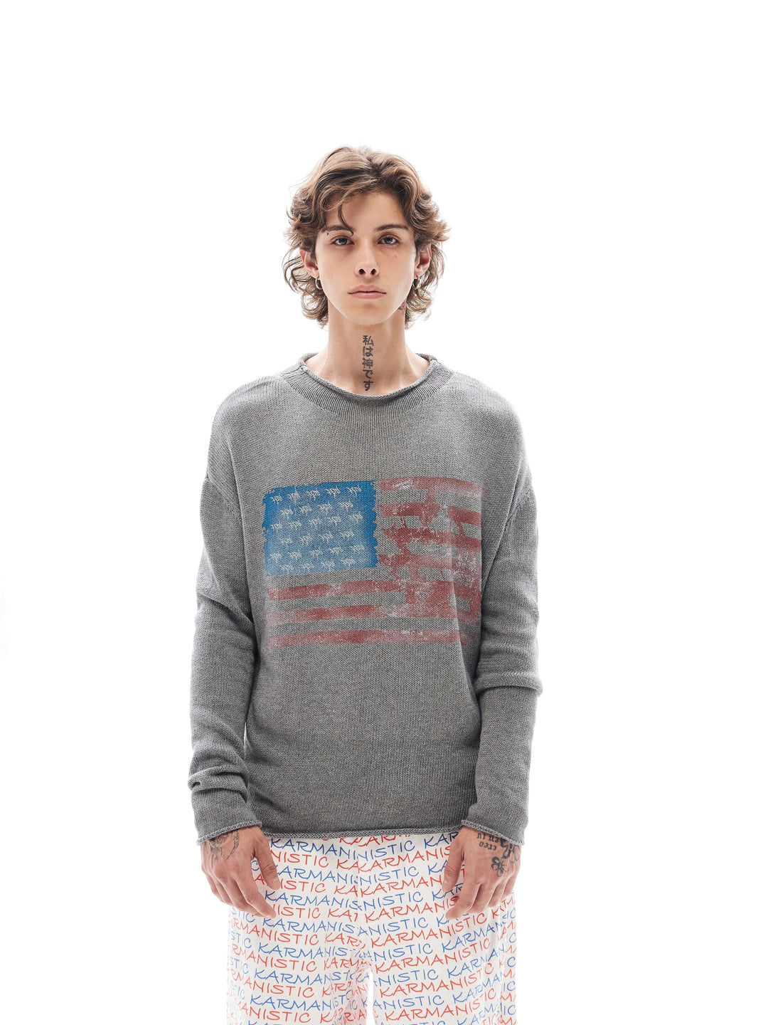 KARMANISTIC Flag Print Washed Long Sleeve Knit Sweater | Face 3 Face