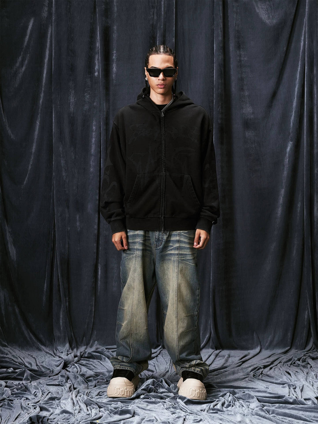 1807 Handcrafted Distressed Print Zip Up Hoodie | Face 3 Face