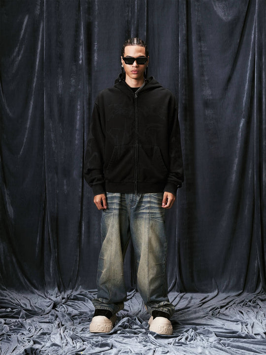 1807 Handcrafted Distressed Print Zip Up Hoodie | Face 3 Face