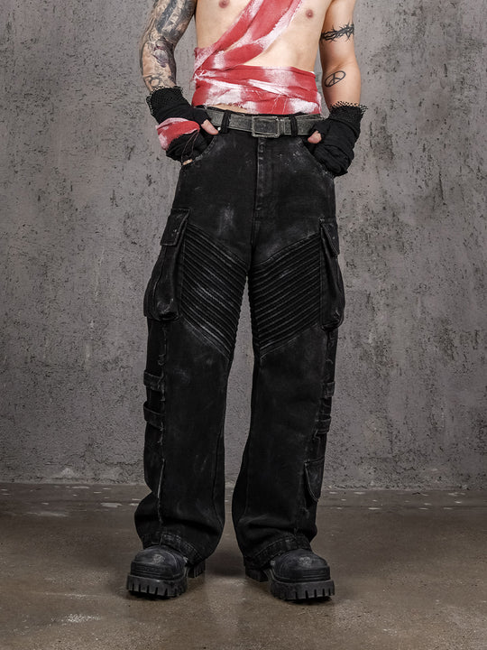 UNDERWATER Aged Deconstructed Multi Pocket Flared Cargo Jeans | Face 3 Face