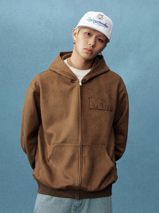 MEDM Suede Logo Patch Zip-Up Hoodie | Face 3 Face
